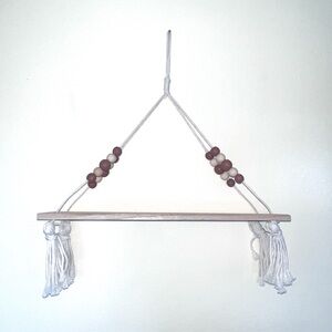 Macramé Hanging Shelf with Wooden Beads - White and wood plank
